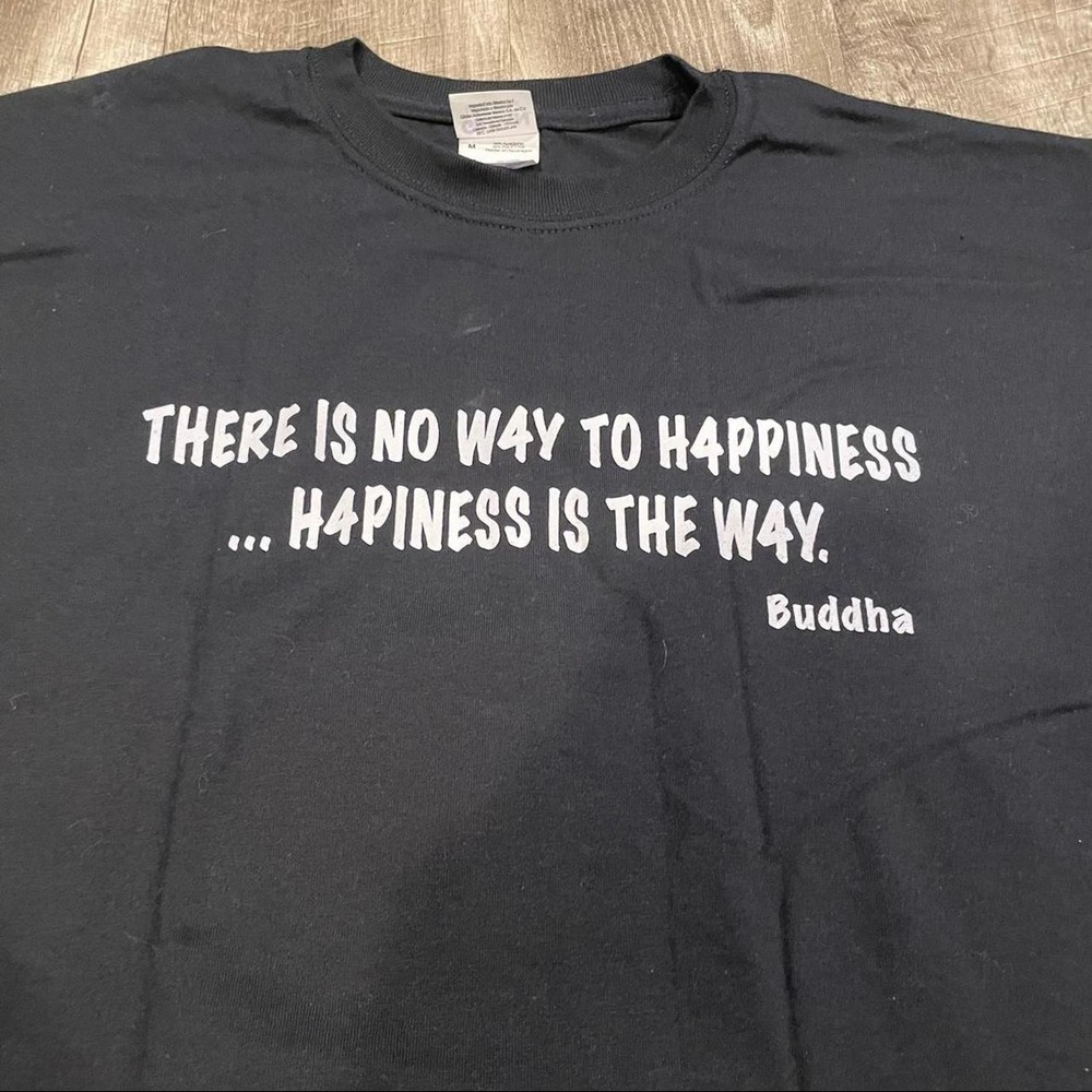 Vintage Y2K buddha monk happiness t shirt slogan religion - mens medium